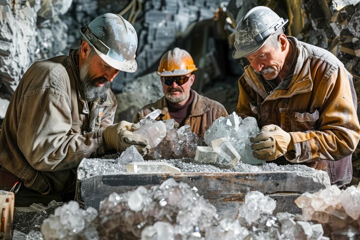 industry workers inspecting large mineral crystals mine miners with safety helmets examining_996993 18493